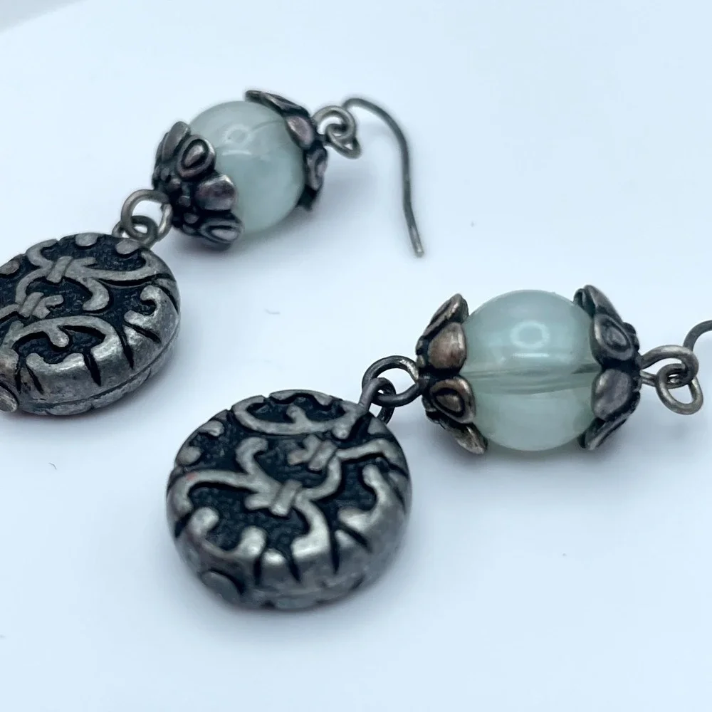 Articulated Silver-Tone Oxidized Metal Cool Waters Glass Beads Dangle Earrings